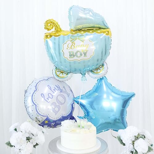 Miniatura 2 de Tableclothsfactory Juego de 5 globos de aluminio Mylar azul/blanco para baby shower, ramo de globos redondos y para cochecito de bebé con cinta,
