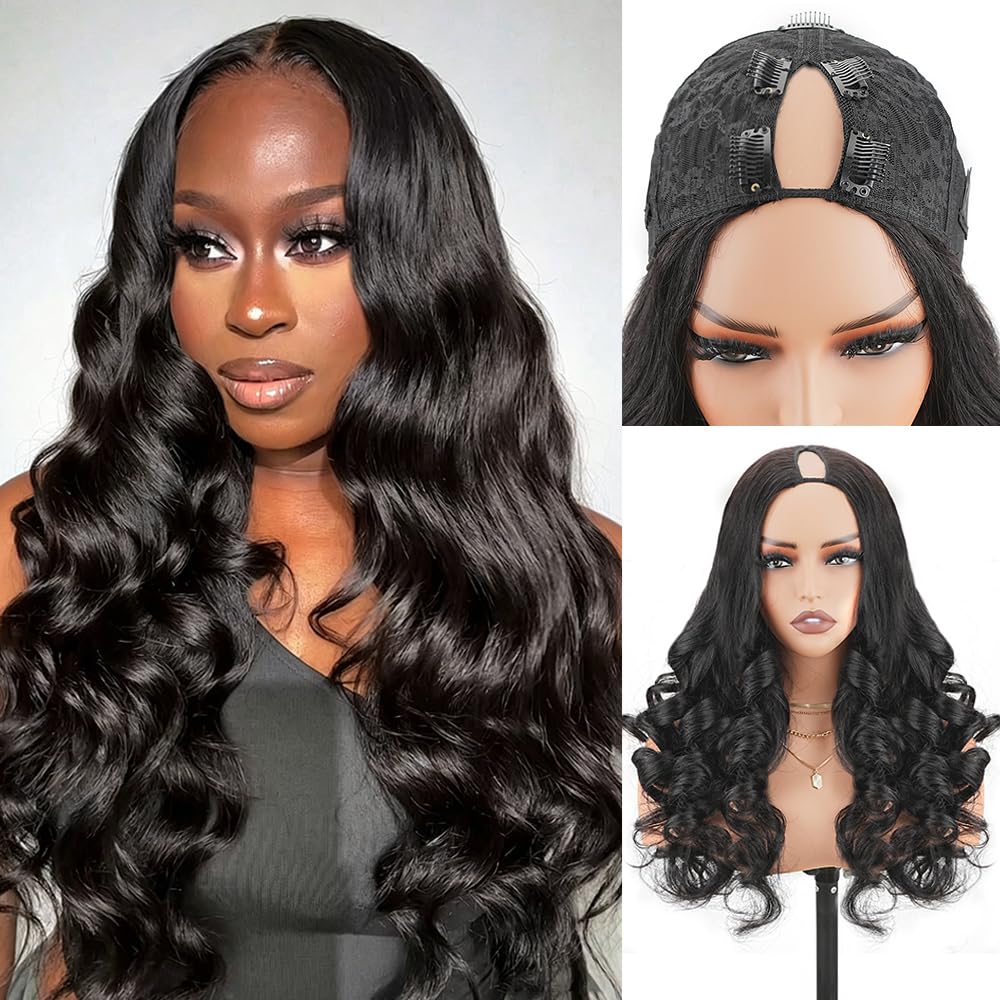 Cheetahbeauty V Part Wig Human Hair Body Wave 180% Density Glueless Upgrade U Part Wig with Drawstring 18 Inch Natural Black No Leave Out No Sew In V Shape Clip In Half Wig for Women Beginner Friendly