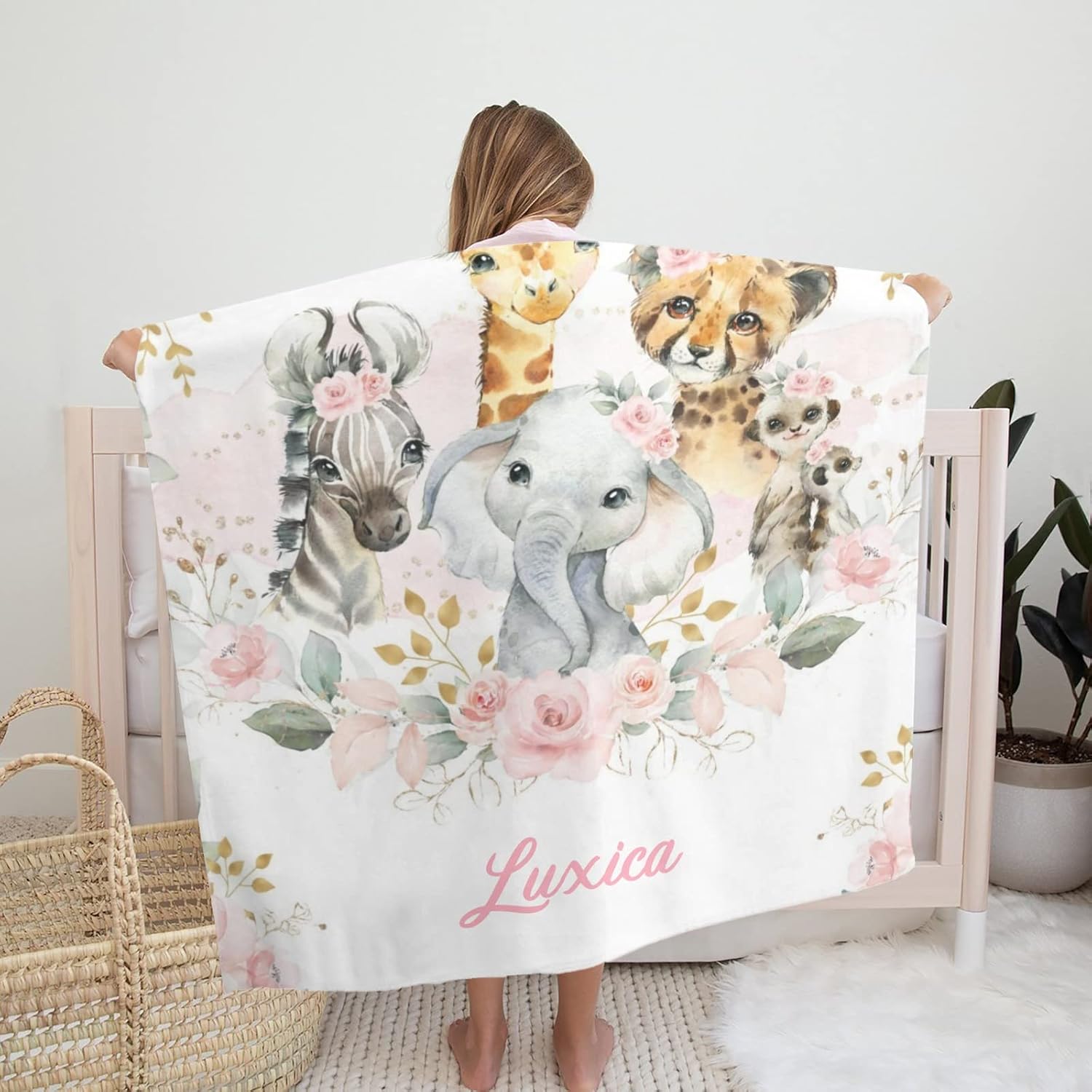 Safari Animals Pink Floral Personalized Baby Blanket for Newborn Boys Girls,Custom Soft Minky Blanket Double Layer Dotted 35X45 in