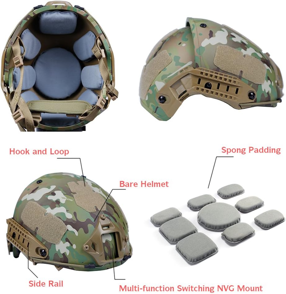 Outry Tactical Fast Helmet, Adjustable ABS Helmet with Side Rails and NVG Mount, Fast Protective Helmet for Airsoft Paintball Hunting Shooting Outdoor Sports