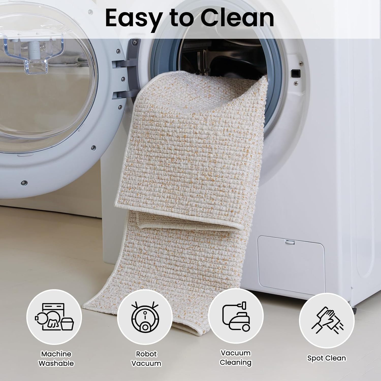 Washable Boho Runner Rug - 2' x 8', Non-Slip Woven Cotton Area Rug, Soft Chunky Textured Indoor Carpet, Farmhouse Design Home Décor for Hallway, Living Room, Bedroom, Office, Beige