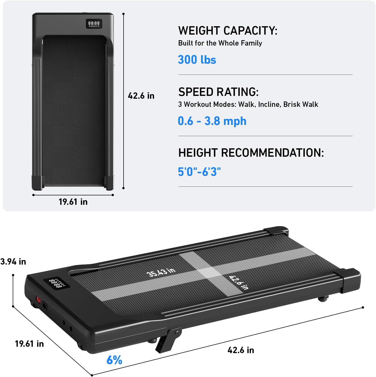 DeerRun Under Desk Walking Pad Treadmill with 6% Manual Incline, 0.6-3.8 MPH Walking Speed, 2.5 HP, 300 lb Capacity, App & Remote Control, for Home Office & Small Spaces image 2