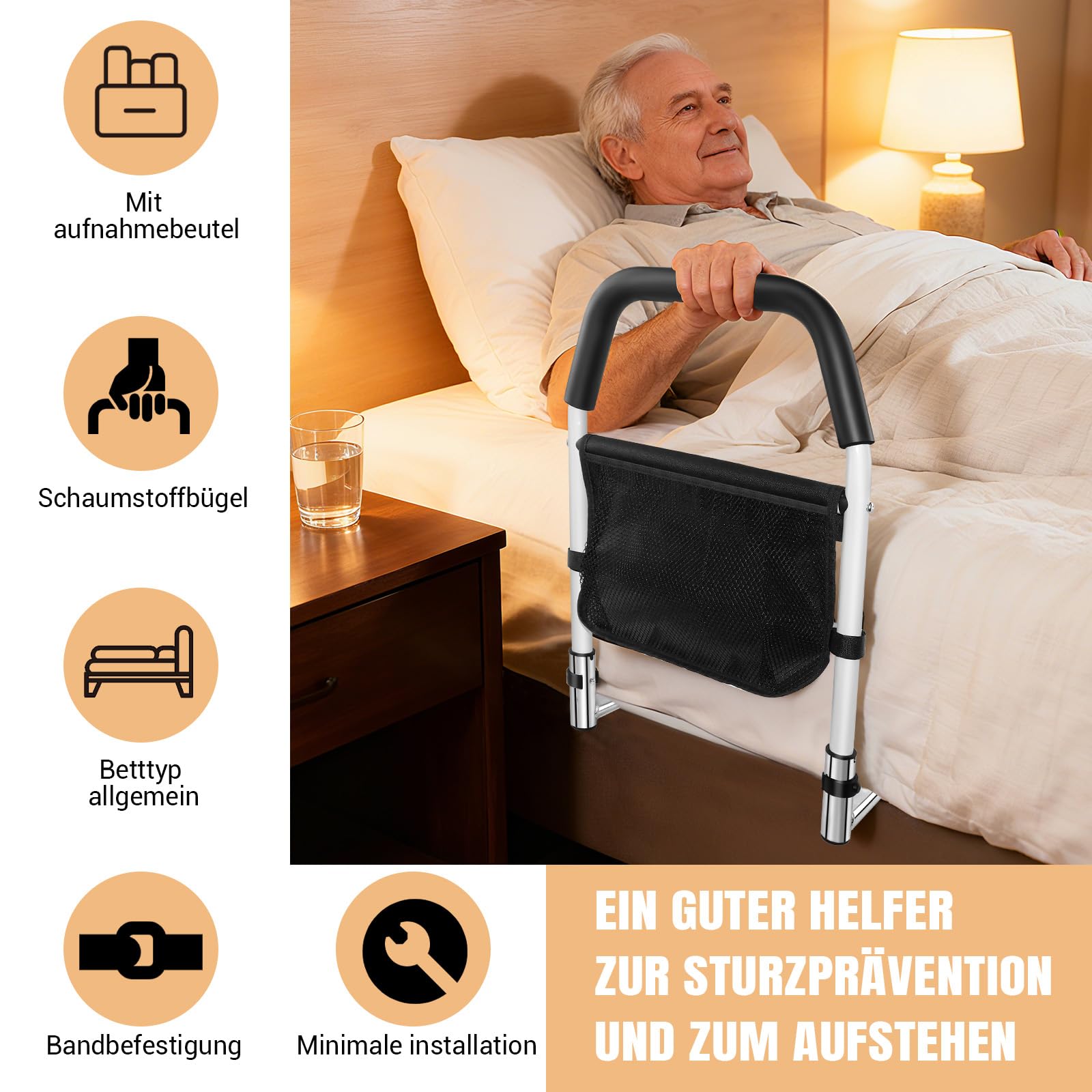 HSHa Barrera de cama para adultos mayores, bolsillos de almacenamiento y asas laterales reforzadas, protector de cama, ayuda de movilidad ideal para personas mayores, personas con discapacidad y