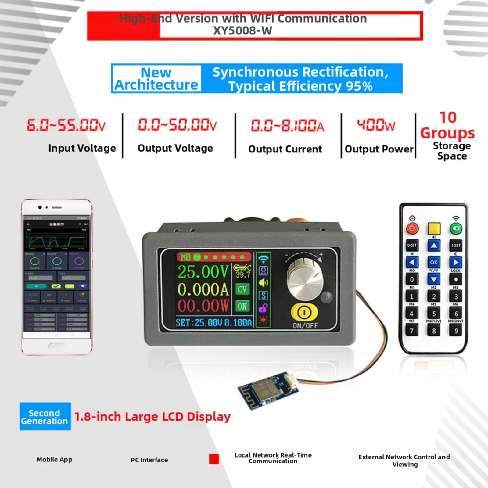 Alimentatore DC regolabile 50V 8A 400W con telecomando WiFi, regolatore di tensione digitale con protezione da sovraccarico e 10 slot di memoria per laboratorio (con WIFI)