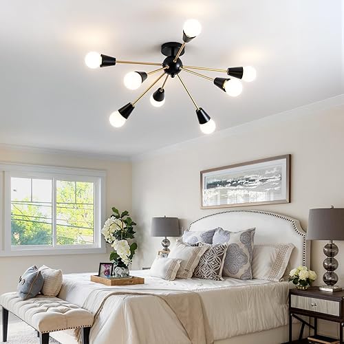 Miniatura 2 de Candelabro Sputnik moderno  8 luces de techo de granja negro y dorado, lámpara de techo semiempotrada para sala de estar, dormitorio, pasillo,