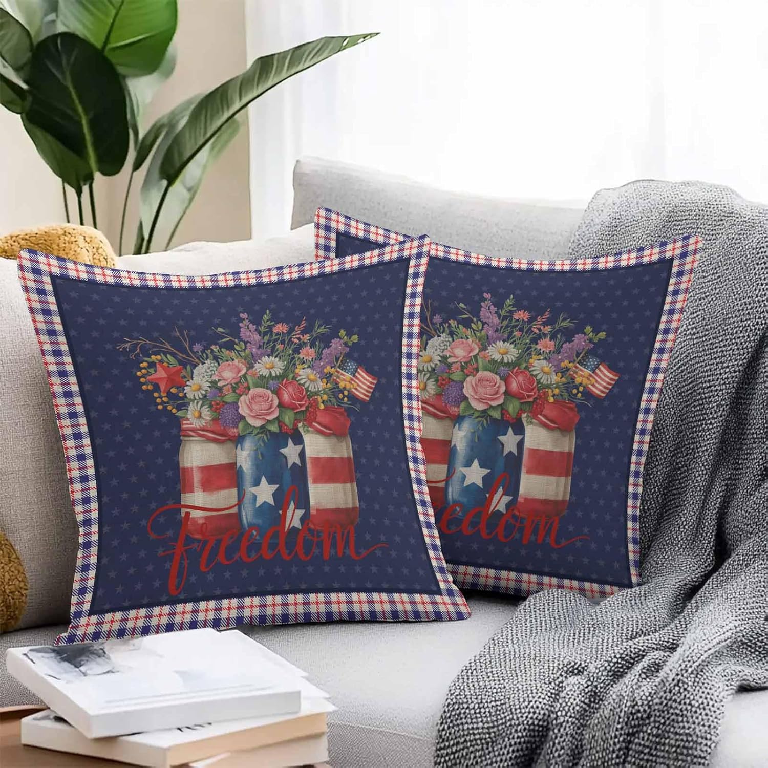 Waterproof Throw Pillow Covers, Independence Day Daisy Flower Tulip American Flag Star Blue Red Plaid Decorative Pillowcase Soft Cushion Case for Patio Couch Tent Balcony, Set of 2 Square, 20"X20"