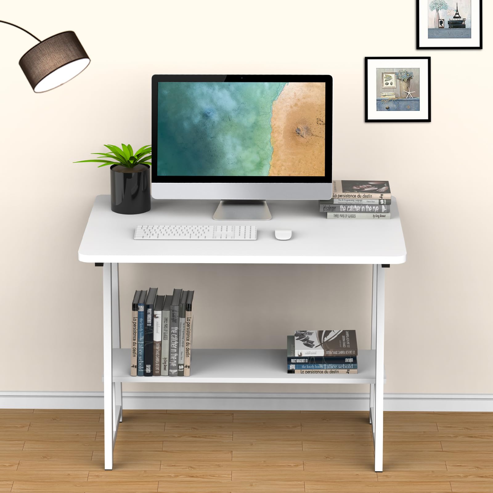 homewell Biurko z półką i półką, stolik komputerowy z ramą w kształcie litery K, 80 x 50 cm, stół dla graczy do domowego biura, pokoju dla graczy, białe