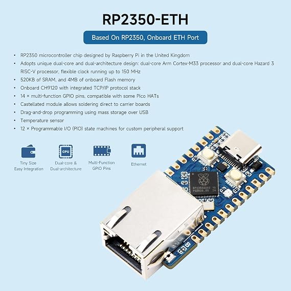 Waveshare RP2350-ETH Mini Development Board, RP2350 Ethernet Port Module, Raspberry Pi Microcontroller Development Board, Based on Official P2350 Dual-core & Dual-Architecture Microcontroller