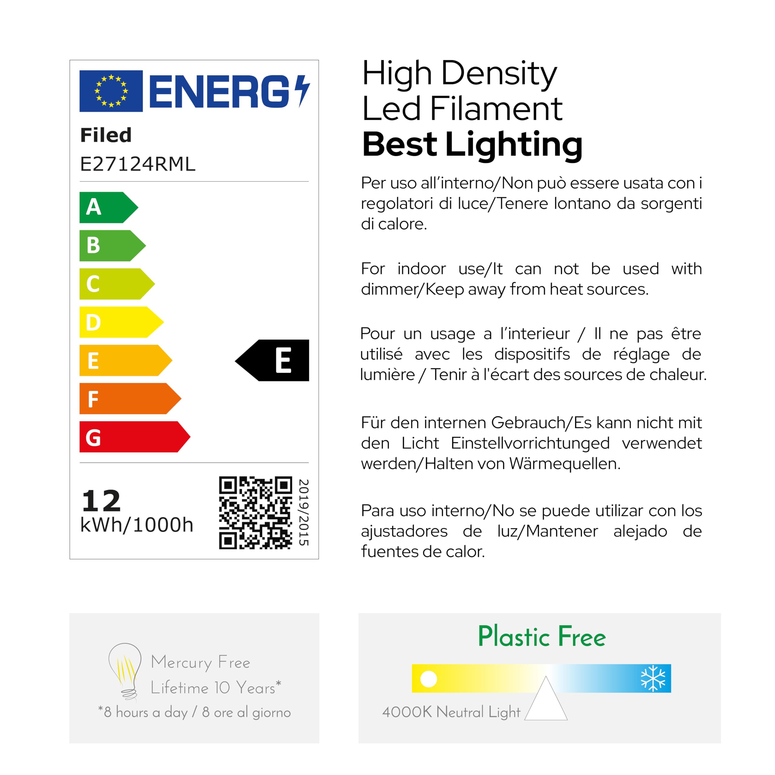 Lampadina Goccia 12W Pari a 120W, E27, Vetro Milky, 4000K Luce Naturale, filamento LED dritto, 1560 Lumen, Pack 10 Pezzi