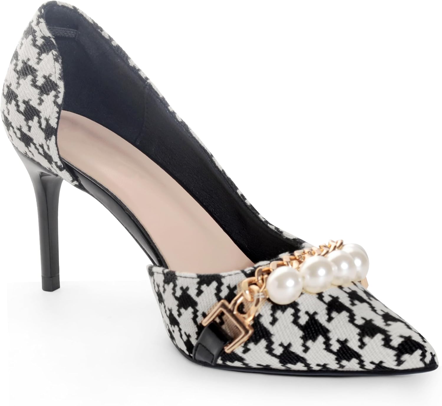 ANN CREEK Women's High Stiletto Heels Dressy Pumps for Women Houndstooth Pattern Design with Pearl Chain Pointed Toe Black Heels Work