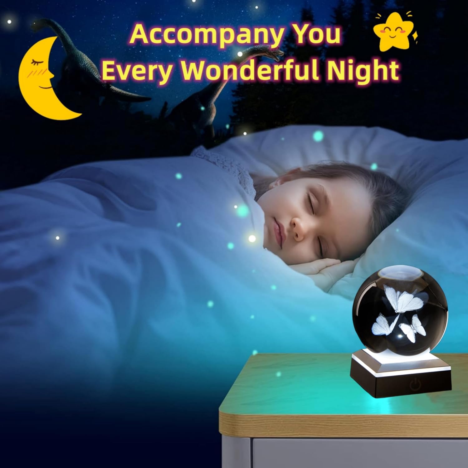 Butterfly Crystal Ball Lamp, 3.15 inch 3D Crystal Ball Night Light with LED Colorful Lighting Touch Base