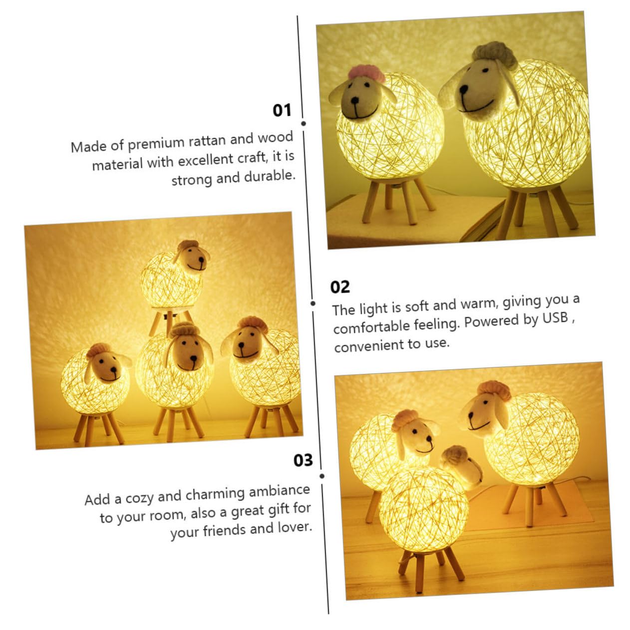 Artibetter 1pc Lamb Night Light Bedside Table Lamb- Shaped Night Light Cute Bedside Lamp Cute Animal Bedside Lamp Yellow Night Light Reading Light for Bed Gift Eye Light Rattan Child Wireless - Image 4