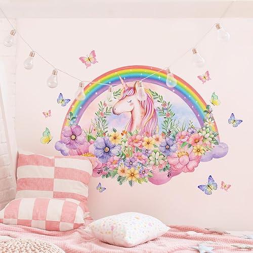 Miniatura 2 de Calcomanías de pared de unicornio arcoíris, ramos de flores, mariposas, calcomanías de pared removibles, creativas, autoadhesivas, decoración del
