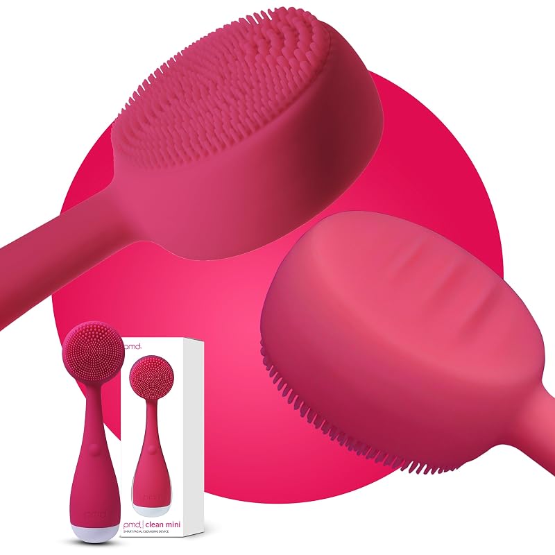 PMD Beauty Clean Mini Escova elétrica para limpeza facial de silicone, à prova d’água, rosa