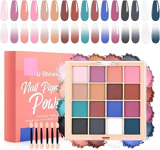 Nail Pigment Powder Palette Set, 16 Bright Colors Ombre Nail Powder Palette Brown Pink French Aura Nails Ombre Nail Brush Nail Long-lasting Manicure Art DIY Accessories (08)