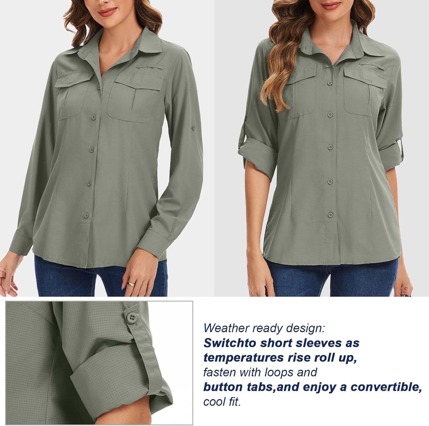 Women’s UPF 50 Safari Long Sleeve Sun Protection Shirt, Lightweight Quick Dry UV Fishing Hiking Outdoor Shirt