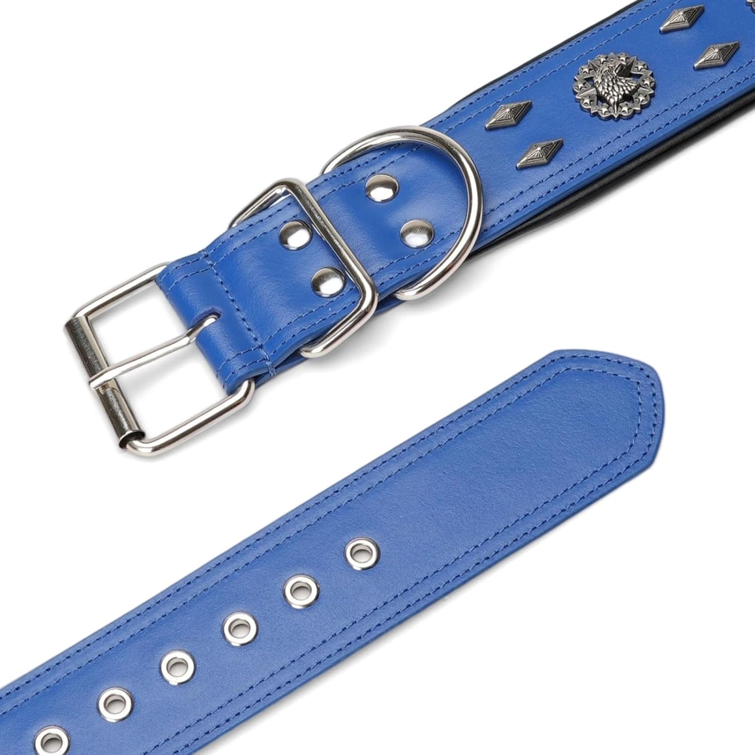 Premium Leather Dog Collar for Large Dogs - 1.6-Inch Wide Adjustable Soft Handmade Eagle Hardware Ornamental Collar for Giant Breeds, Durable & Comfortable - Blue