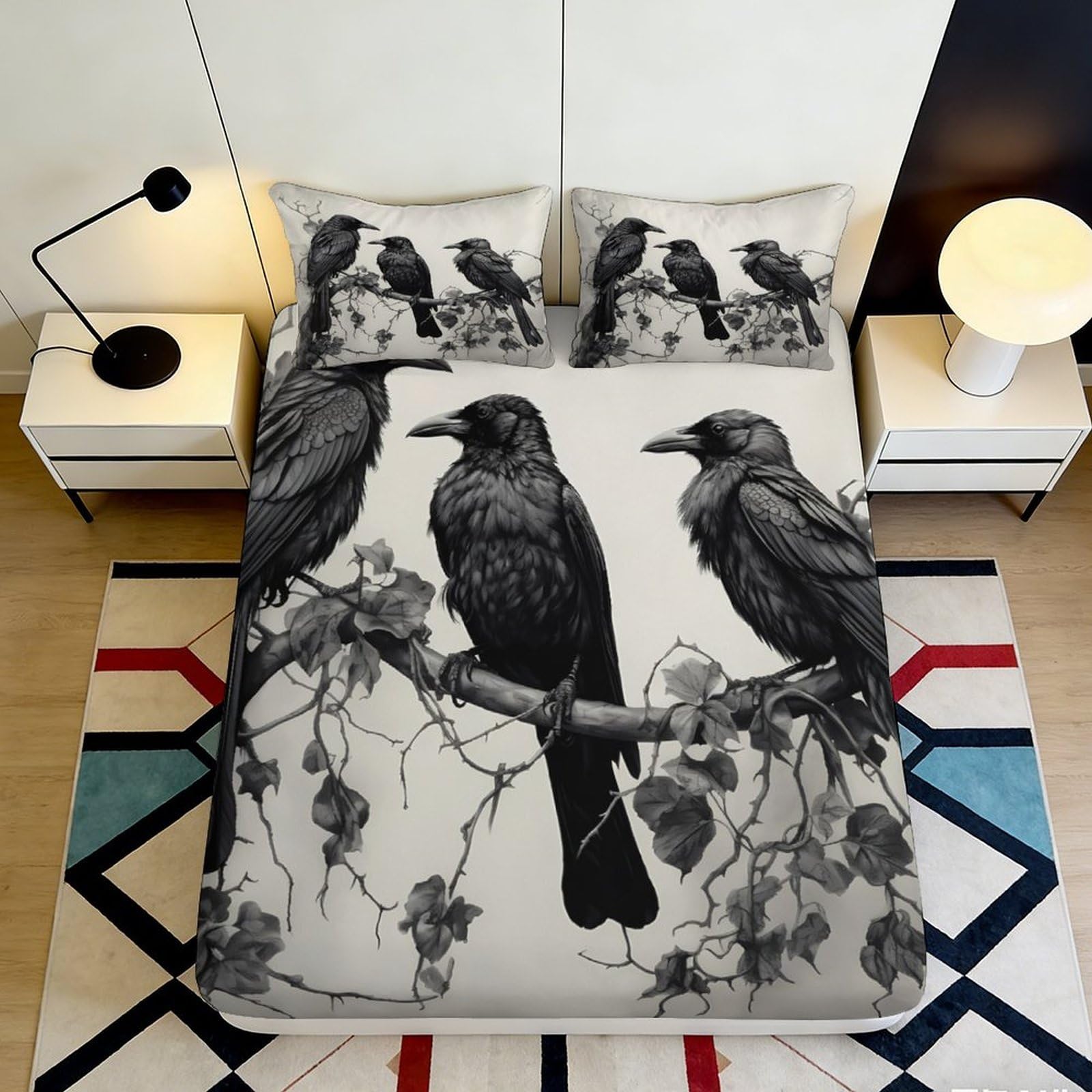 3D Printed Raven Pattern Fitted Sheet Microfiber Soft Breathable Crow Branch Bed Cover for Bedroom Dormitory Guest Room Mattress Protection Decor 140x200x25cm