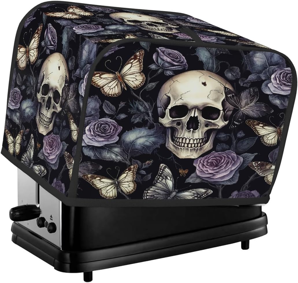Skull Rose Butterfly Toaster Cover 2 Slice for Kitchen Appliances, Waterproof Oxford Fabric Appliance Cover with Side Pocket & Handle Loop, Dustproof & Wear-Resistant