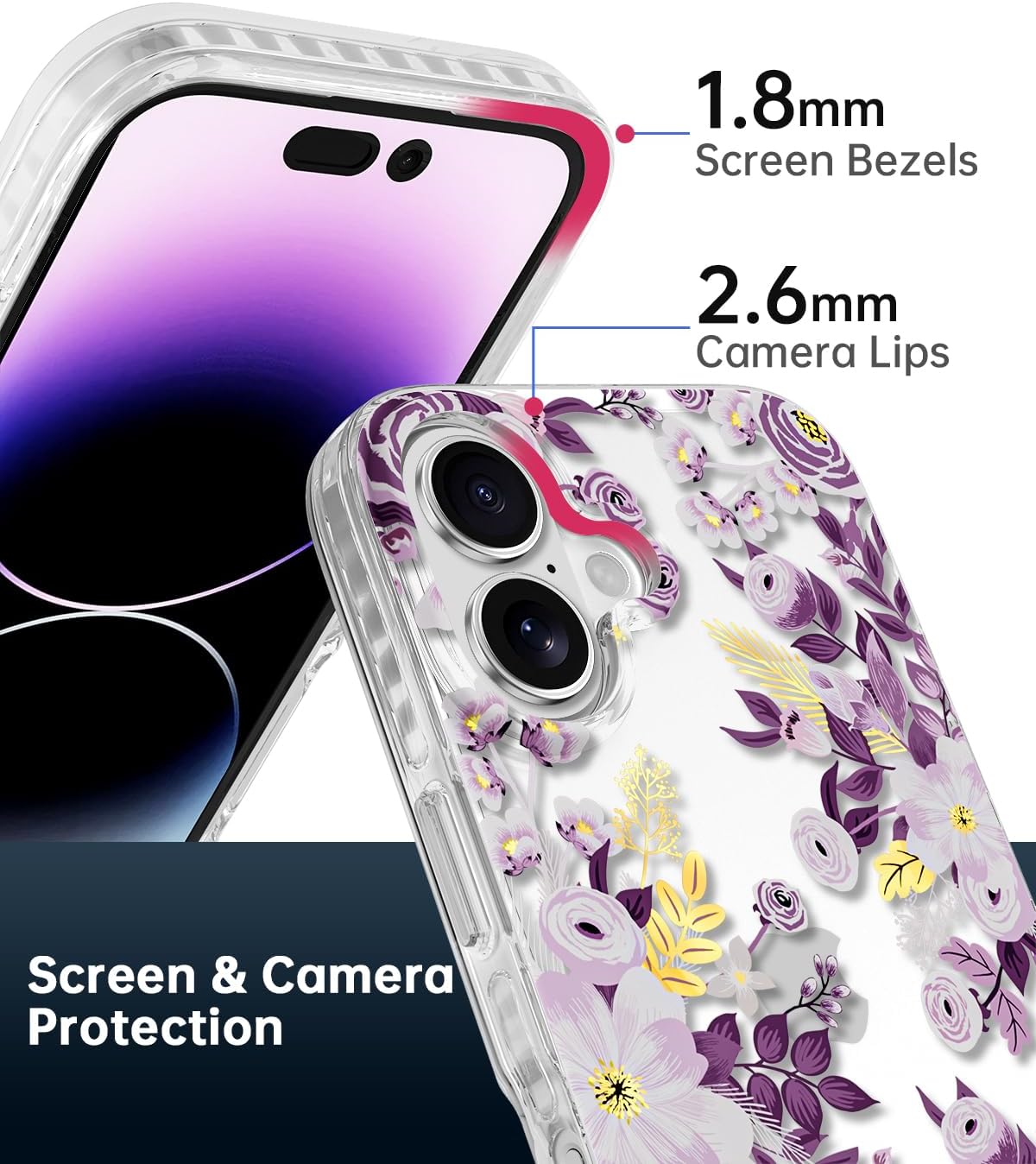 SCORPIFY for iPhone 16 Case with Purple Nemophila Floral Design, Cute Clear Flower Phone Cover for Women Girls, [Non Yellowing] Slim Shockproof Bumper with Gold Accents