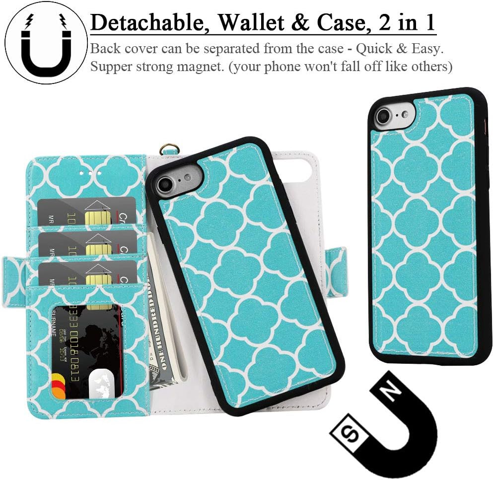 Samgg iPhone 8/7 / 6S / 6 Wallet Detachable Case with Wrist Strap, Magnetic Closure, Card Slot - Flip Folio Leather Cases with Tempered Glass for 4.7 inch Apple iPhone 8/7 / 6S / 6 (Lucky Clover)