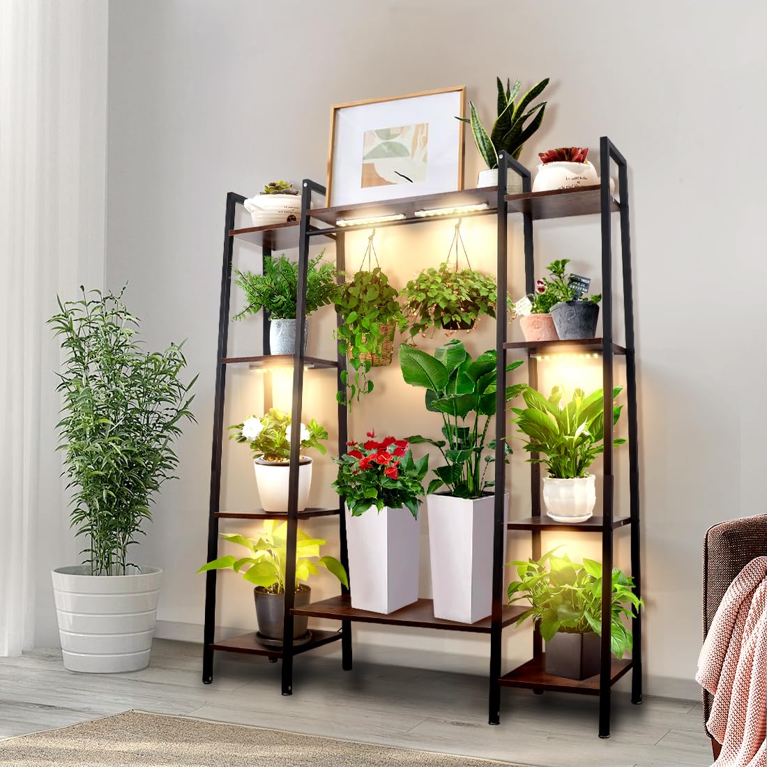 Ozonlife Plant Stand Indoor with Grow Lights 6 Bars Dimmable Timer 55 inch Metal Plant Shelf 7 Tiers Large Flower Stand Holder Display Shelves Rack for Living Room Balcony Patio Garden