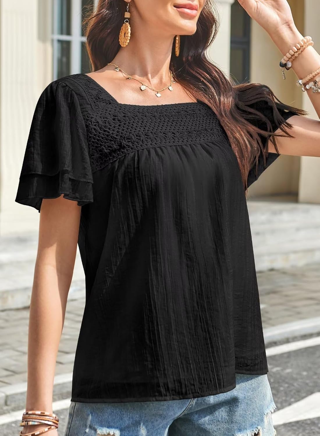 Womens Tops Summer Boho Blouses Short Sleeve Square Neck Crochet Lace Trim Casual Chiffon Shirts Double Layers - Image 6
