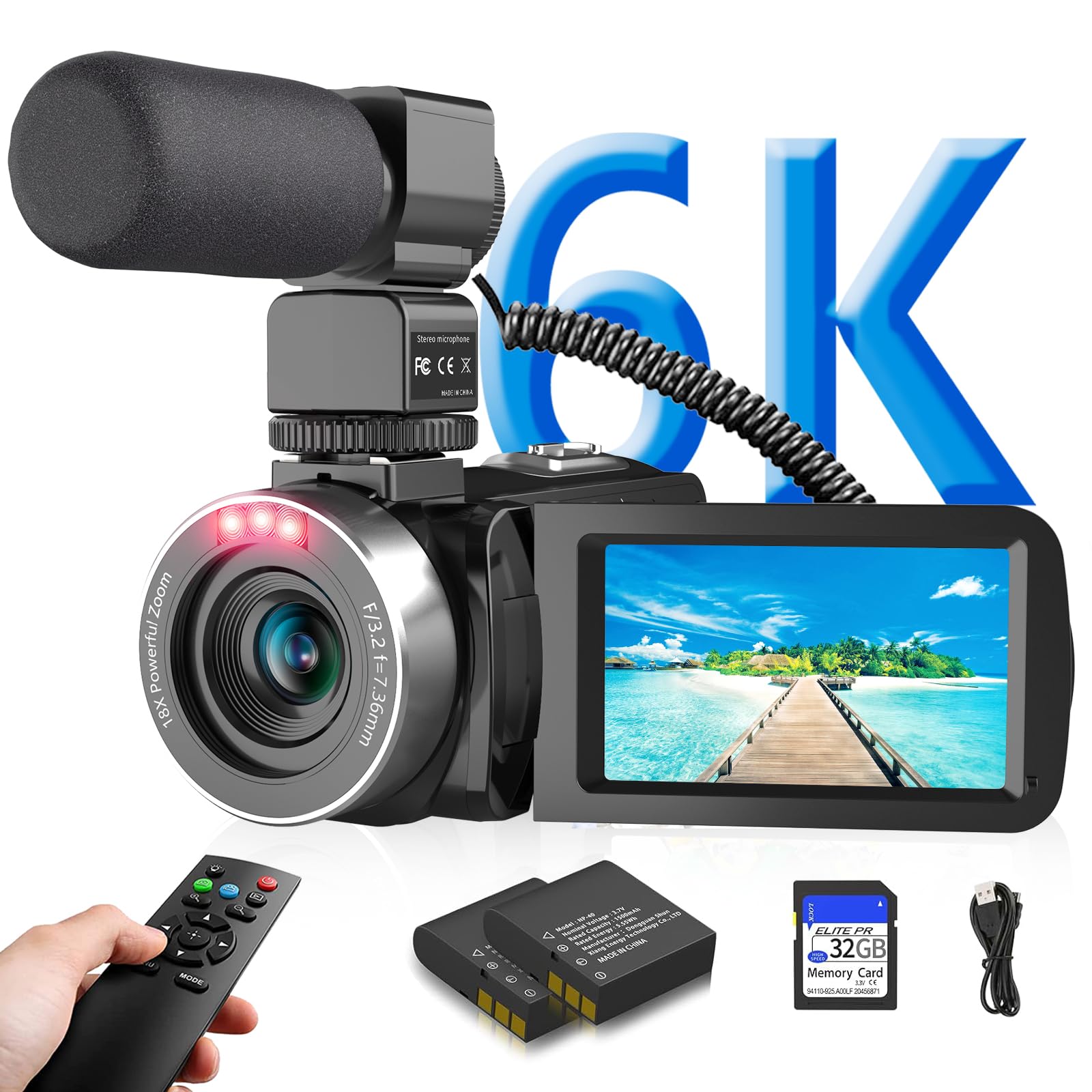 VETEK Videocamera 6K 64MP UHD WiFi Vlogging Telecamere per YouTube Zoom digitale 18X Visione notturna IR 3.0 '' Touch Screen Camcorder con scheda da 32 GB, microfono, telecomando, due batterie