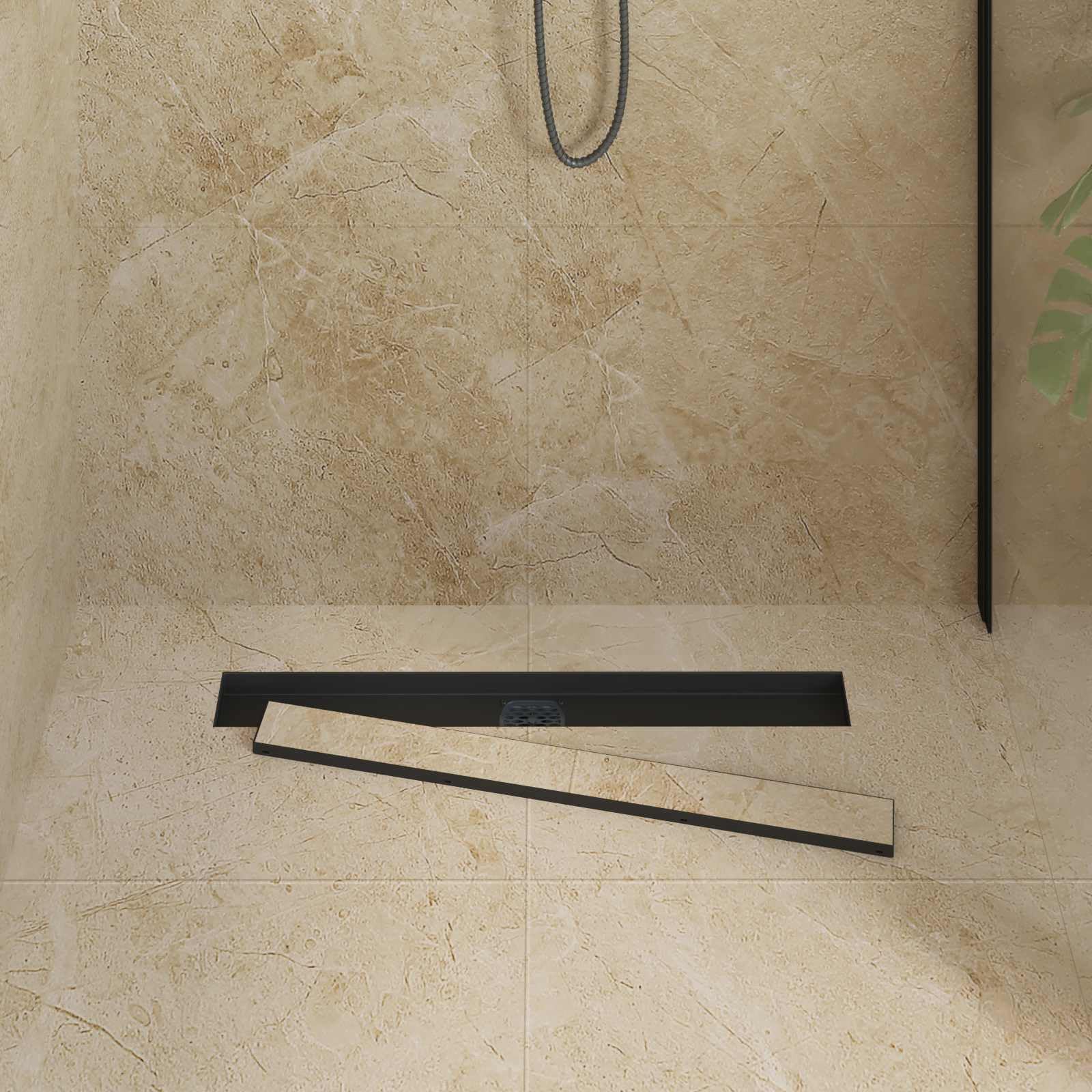 Desagüe de ducha 2 en 1 con sifón de 360°, negro, 70 cm, acero inoxidable 304, sifón de desagüe, tapón de olores, para baño sanitario, apto para azulejos interiores