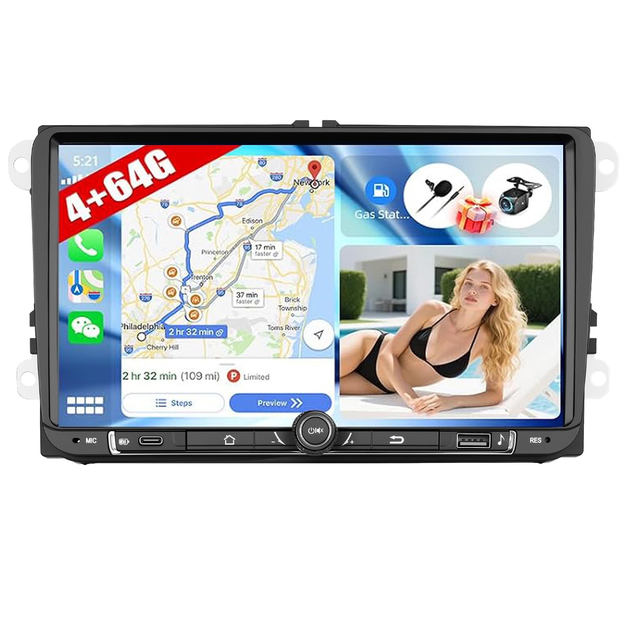 CAMECHO [4+64 GB] bezprzewodowy odtwarzacz Android 15 z funkcją CarPlay i Android Auto dla VW Golf 5/6 Polo 5 T5 Skoda Passat B6/B7 Seat 9-calowy