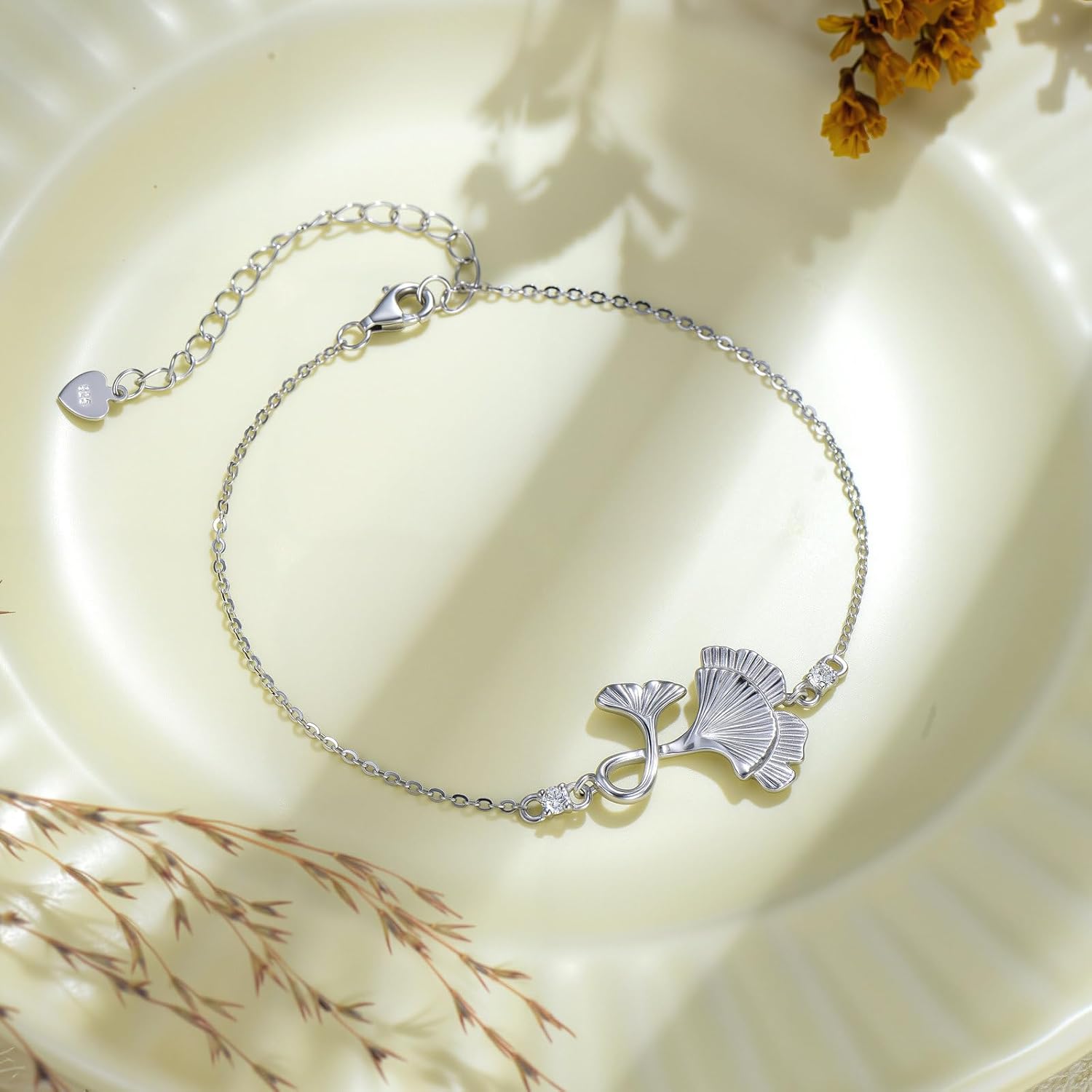 Diamond Ginkgo Leaf Bracelets 925 Sterling Silver Dainty Leaves Bracelet with Adjustable Chain Trendy Jewelry Natural Botanical Gift for Women