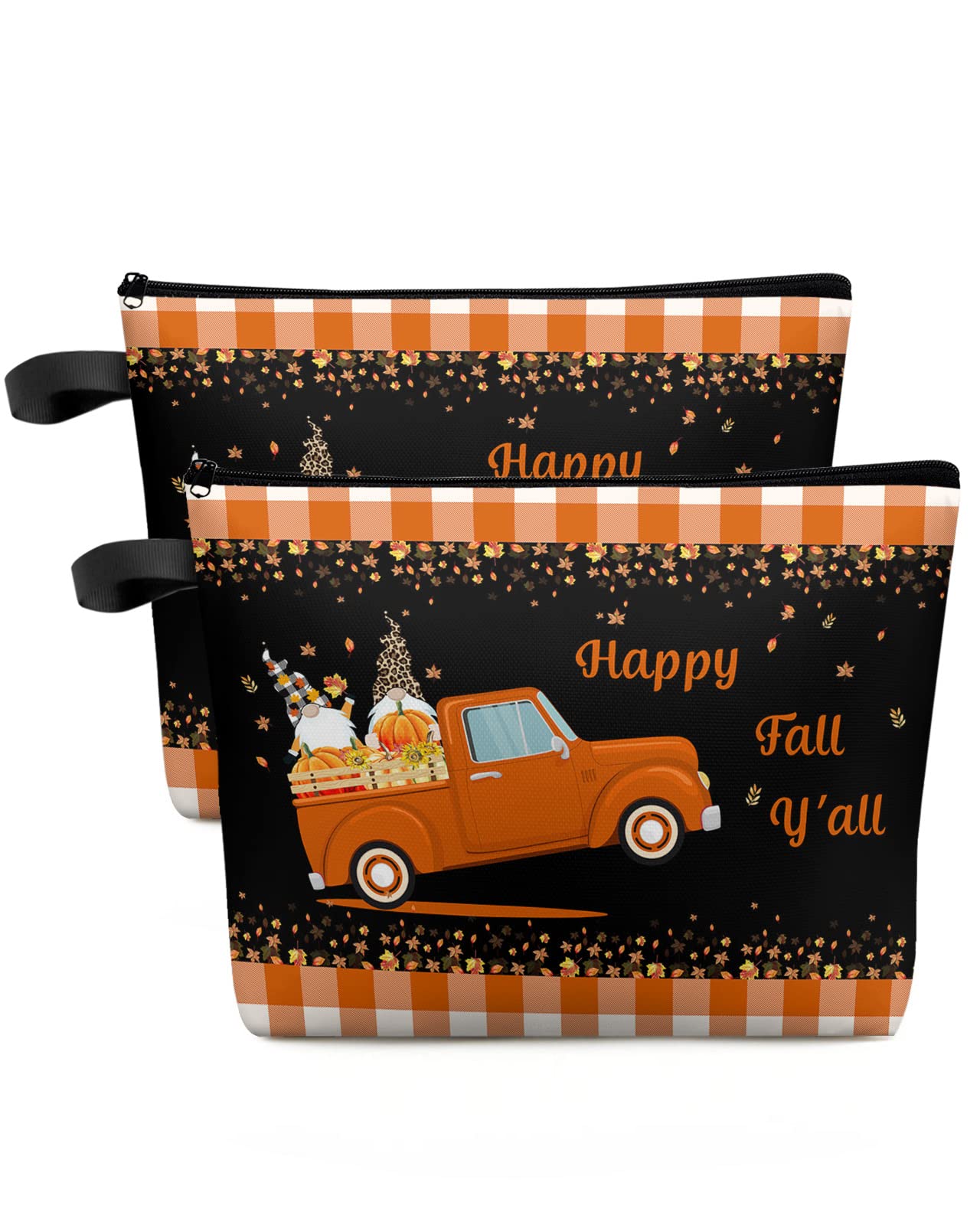 LsrtossHello Fall Makeup Bag - Large Capacity Travel Cosmetic Bag for Women Men, Orange Plaid Gnome Pumpkin Truck Black Makeup Organizer Bag Waterproof Hanging Toiletry Bag Makeup Bags 2Pack