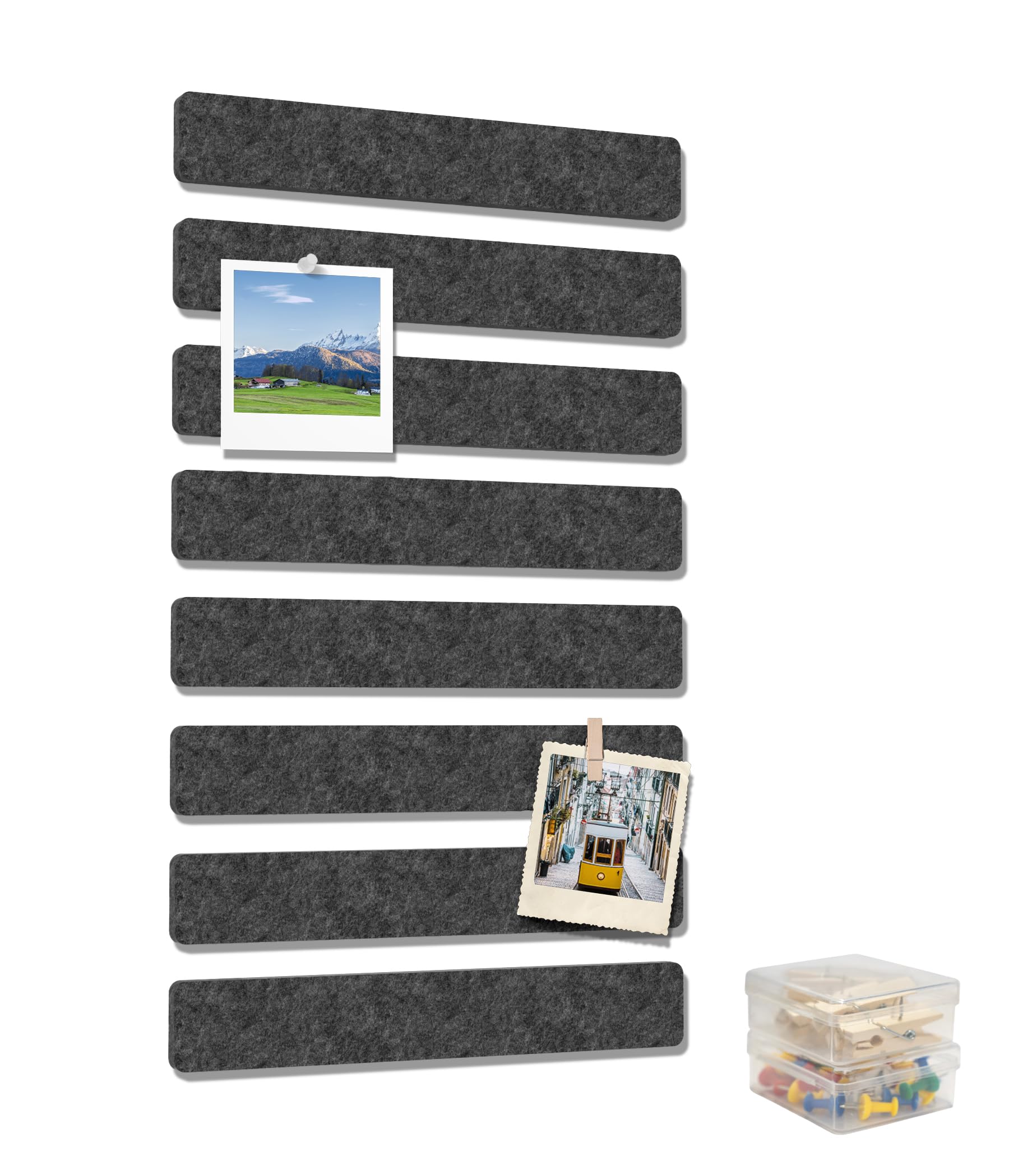 Toptople Felt Cork Board Strips for Walls, 33x5 cm, 8-Pack Bulletin Board Office, Long Pin Board with Push Pins and Clips for Photos, Dark Grey