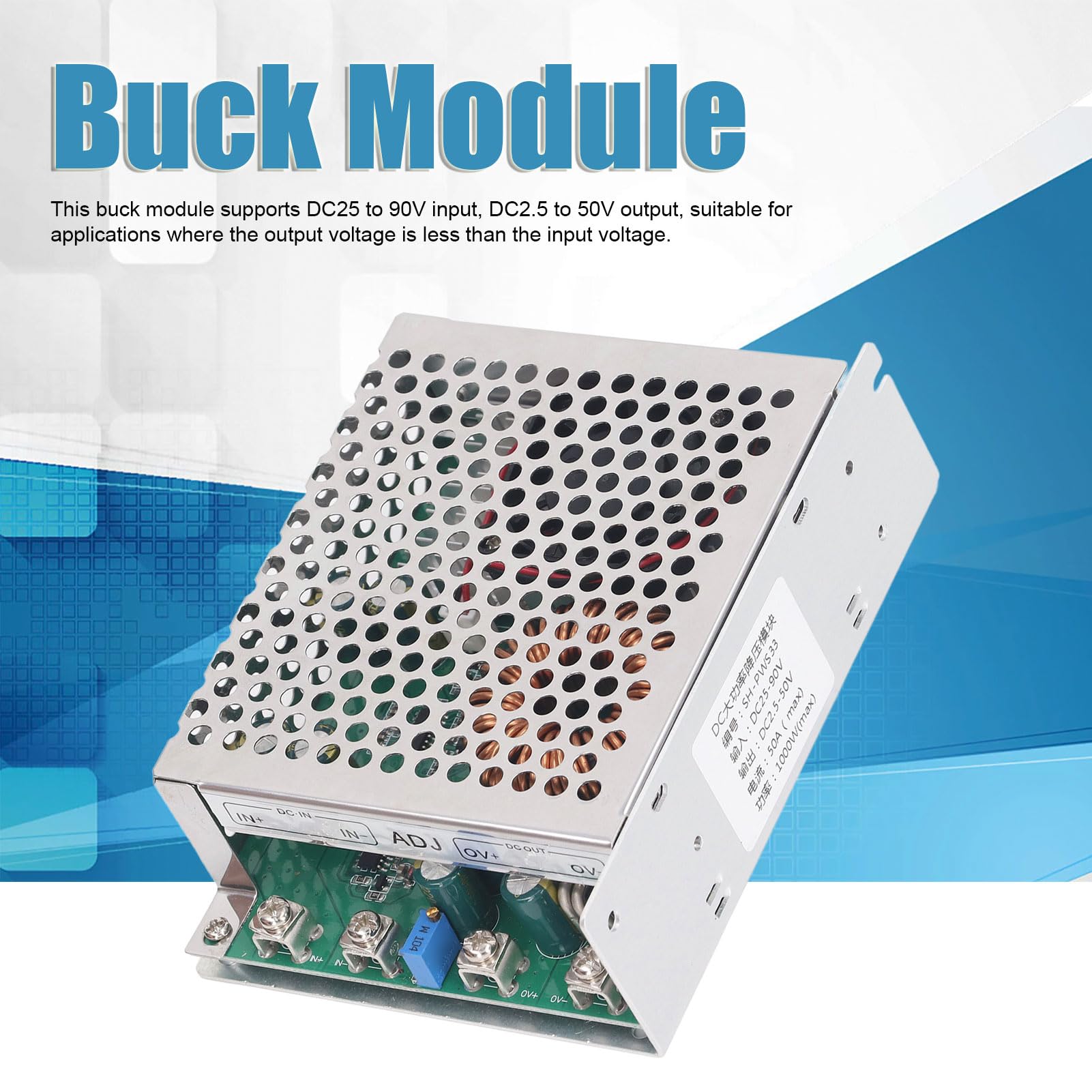 DC-zu-DC-Abwärtsmodul, 50 A, 1000 W, DC25-90V-Eingang, Einstellbares Spannungsregler-Konvertermodul mit Lüfter, DC2,5-50V-Ausgang