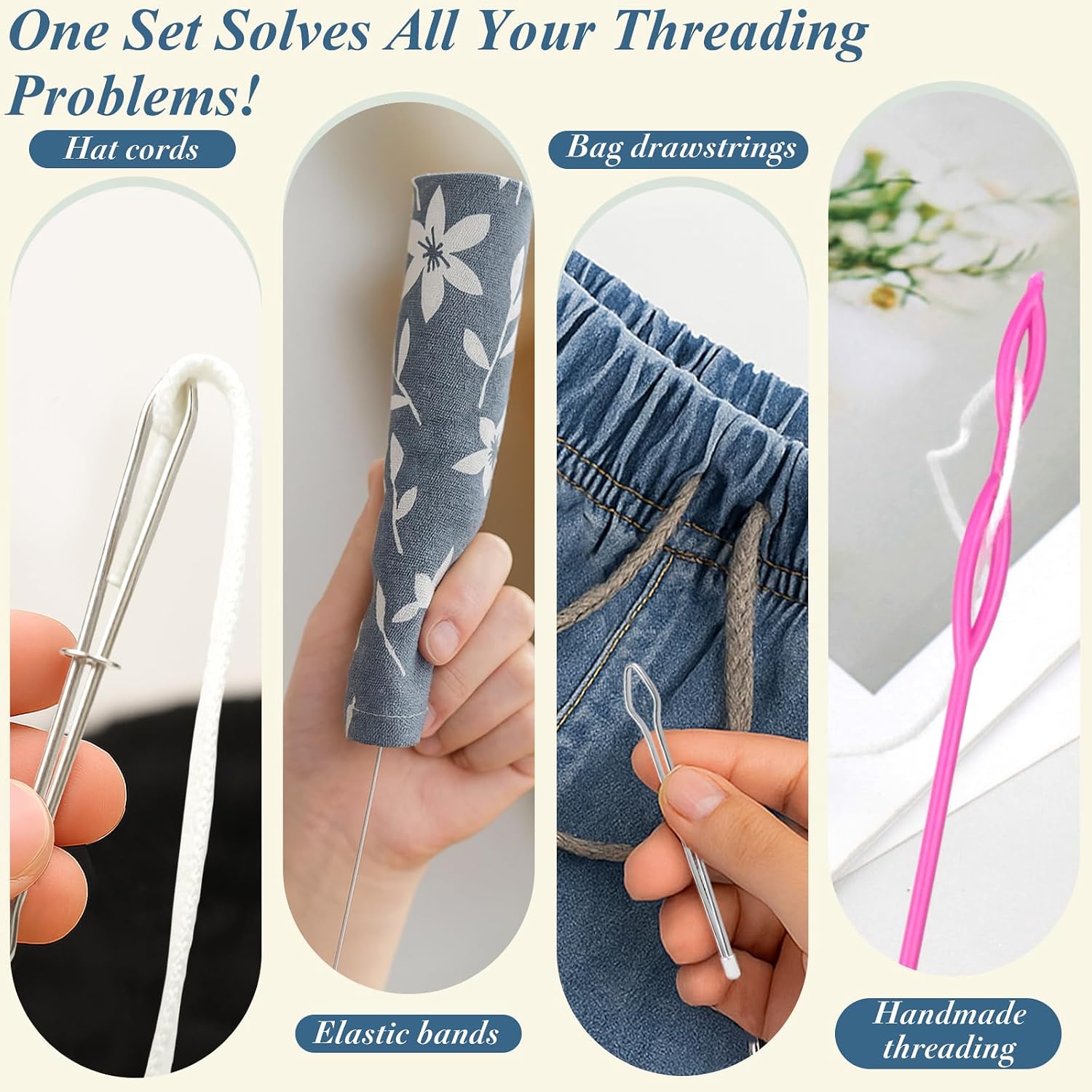 6 Pcs Flexible Drawstring Threader & Loop Turner Sewing Kit – Easy Hoodie String Replacement, Metal Tweezers, Fabric Belt & DIY Knitting Accessories