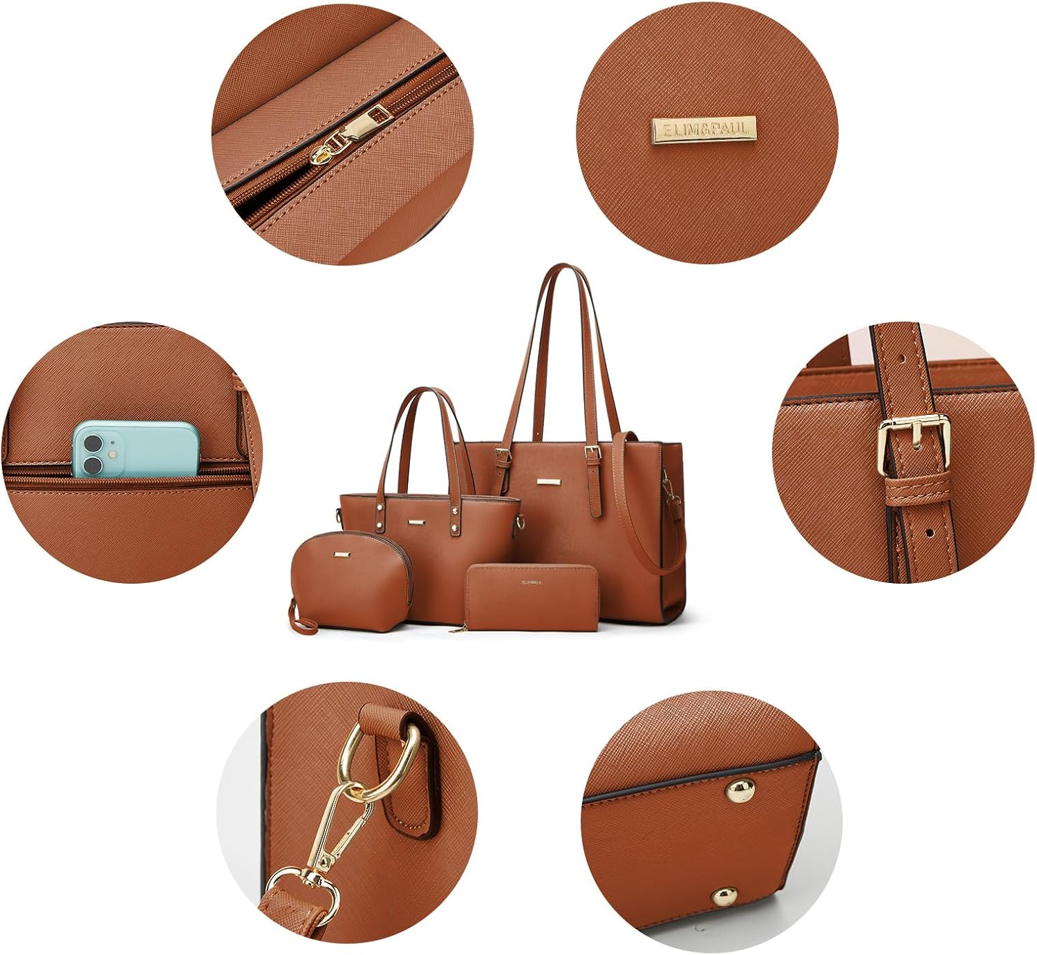 Women Fashion Synthetic Leather Handbags Tote Bag Shoulder Bag Top Handle Satchel Purse Set 4pcs - Image 3