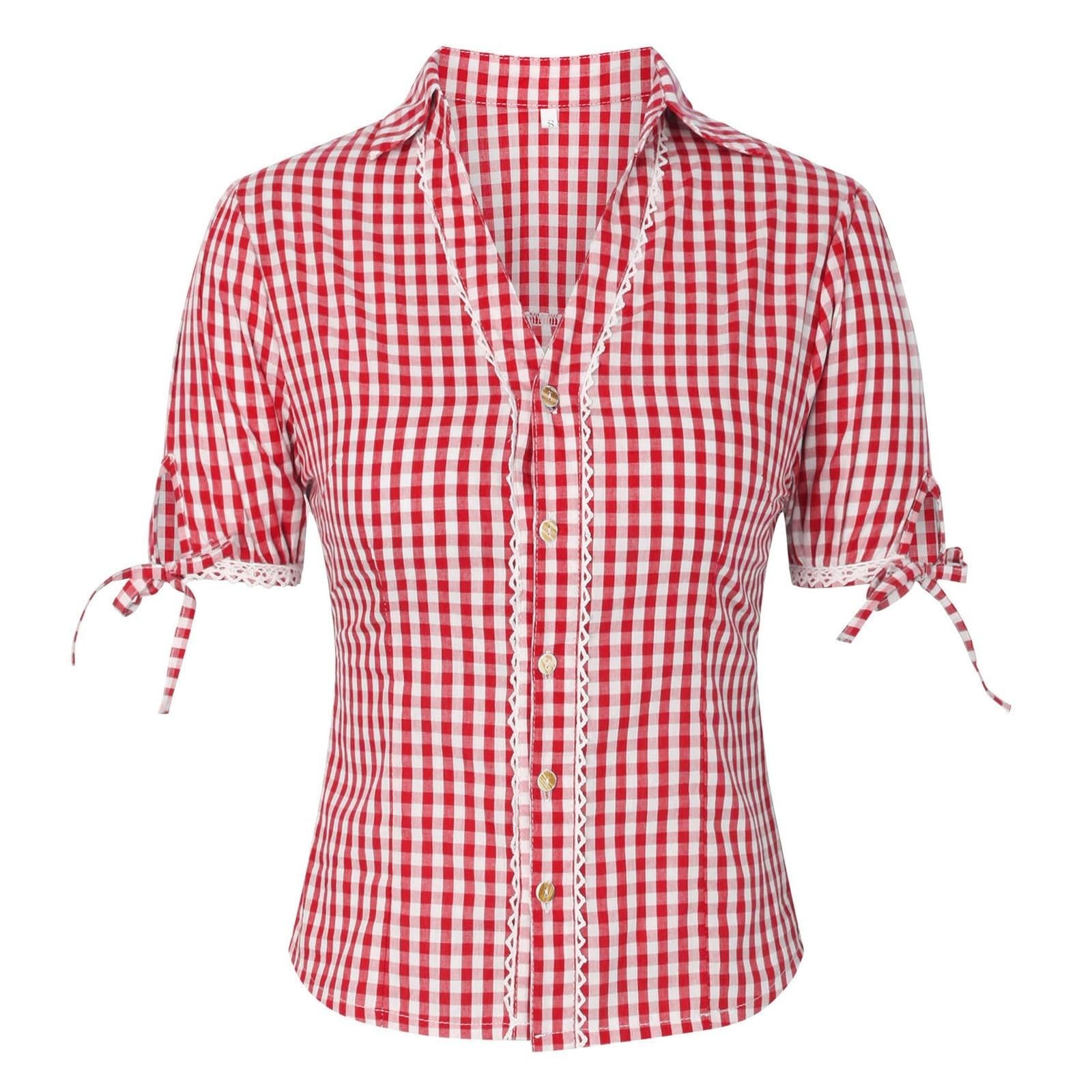 Trachtenbluse Damen Kariertes V-Ausschnitt Dirndl Bluse Damen Oktoberfest Bluse Bierfest Dirndlbluse Weiß Trachtenblusen Sommerbluse Bluse Kurzarm Sommertop Rundhals-Ausschnitt Tshirt Oberteile