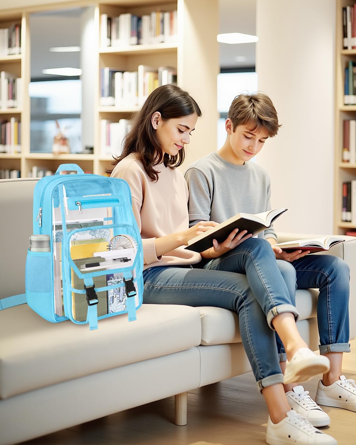 Clear Backpack Heavy Duty, Fabric & PVC Transparent Bookbag, See Through Backpacks with Reinforced Strap for Women Men, Large Capacity Clear Backpack for College, Travel, Security, Blue - Image 5