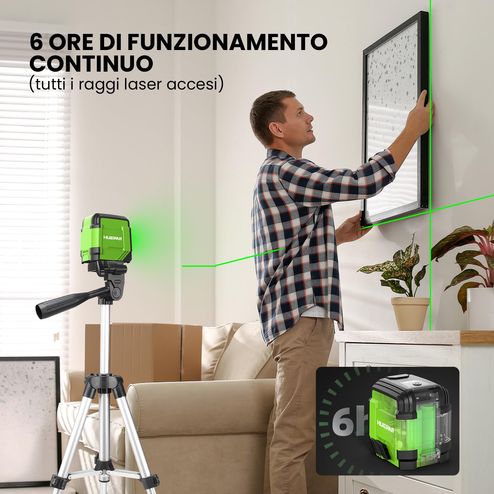 Huepar GK011DG Livella Laser Autolivellante con Treppiede 1,02 m, Laser Verde a Croce Orizzontale 110° e Verticale 110°, IP54, Borsa, Occhiali e 2 Pile AA, 30m Livella Laser per Casa, Appendere Quadri