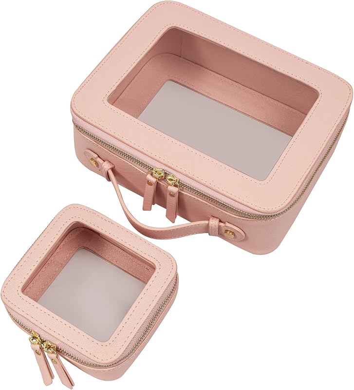 Necessaires transparentes LETGO em couro vegano, conjunto com 2, rosa, mini e grande