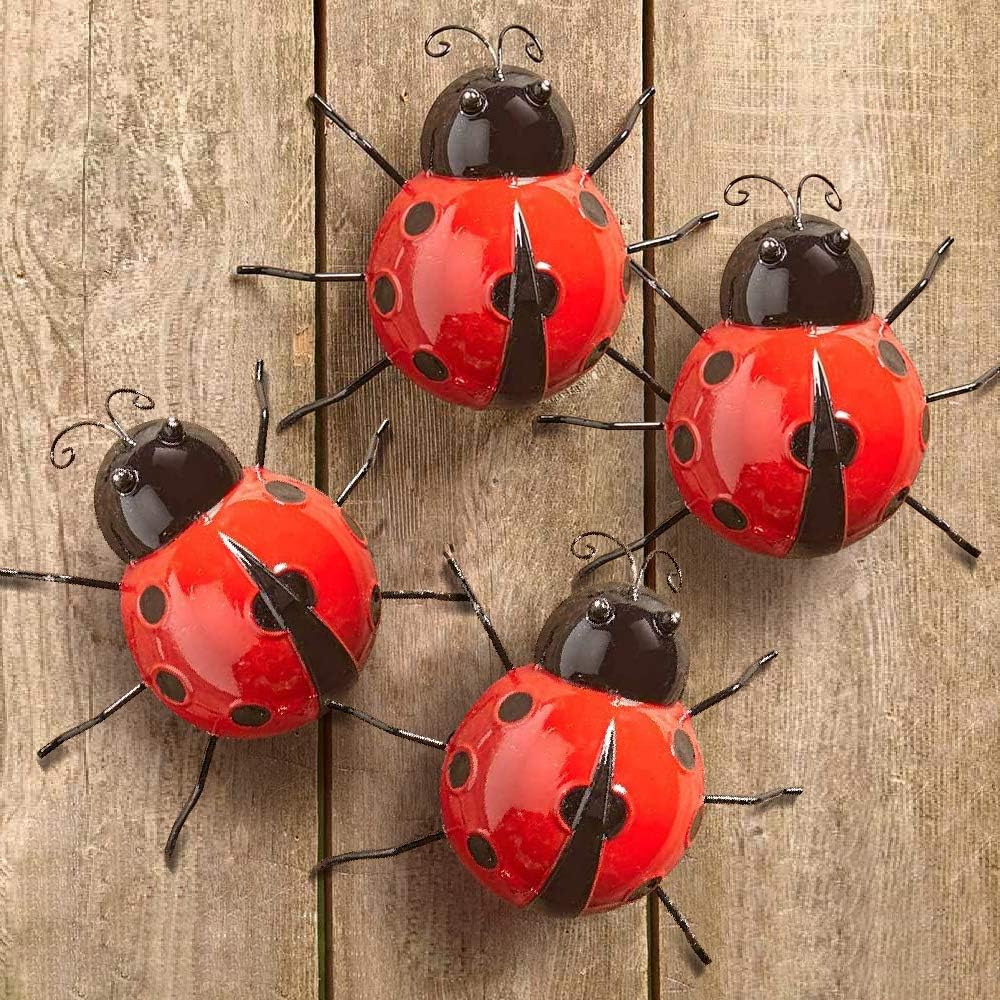 Gudui Metal Ladybugs Garden Wall Art Decor Cute Handmade Ladybugs for Backyard Garden Lawn Porch with Red and Black Spots Easy Hanging Yard Wall Ornament Set of 4 Outdoor Wall Decor