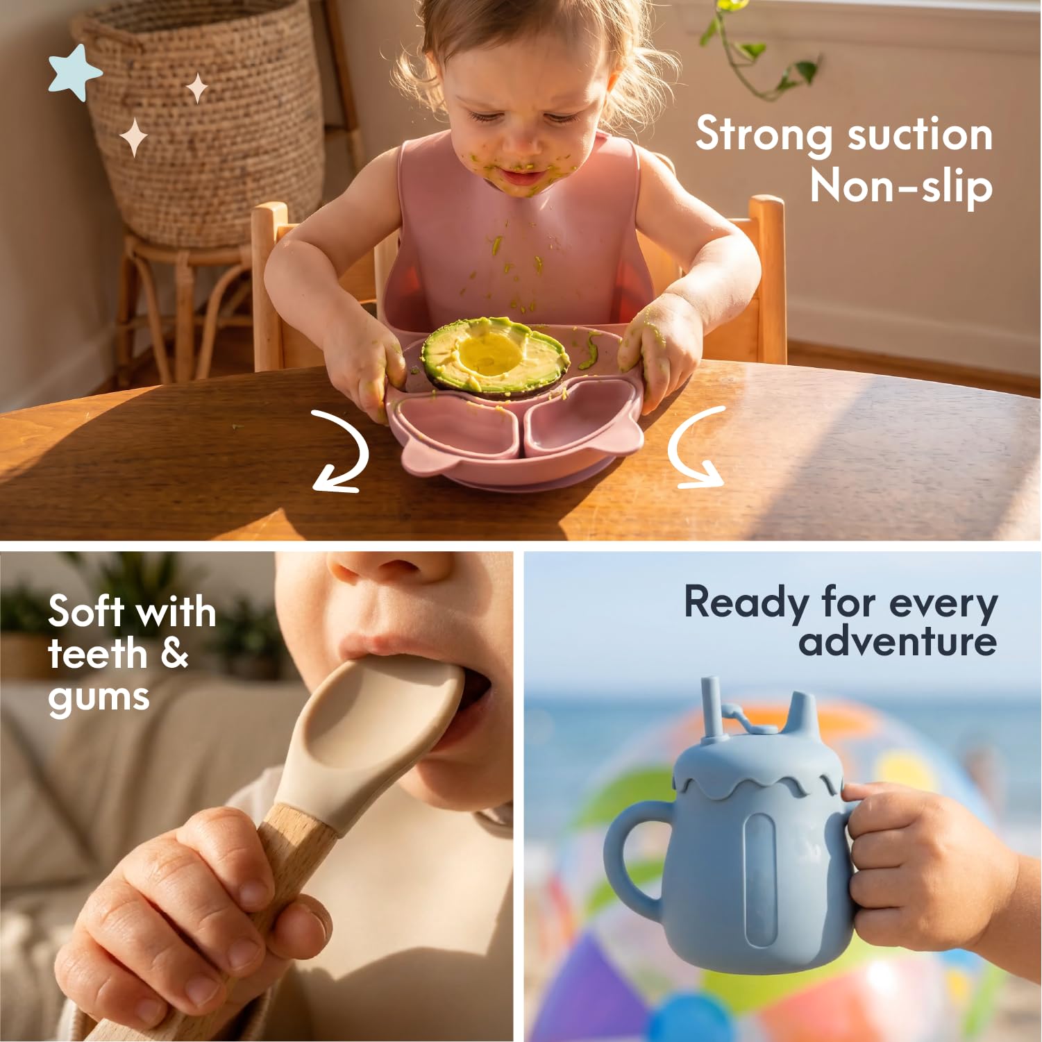 Coffrets repas: Set repas bébé en silicone | Complet set vaisselle bébé comprend: avec assiette ventouse + bol bebe + tasse d'apprentissage + bavoir silicone +4 couverts bebe | Cadeau ideal, sans BPA