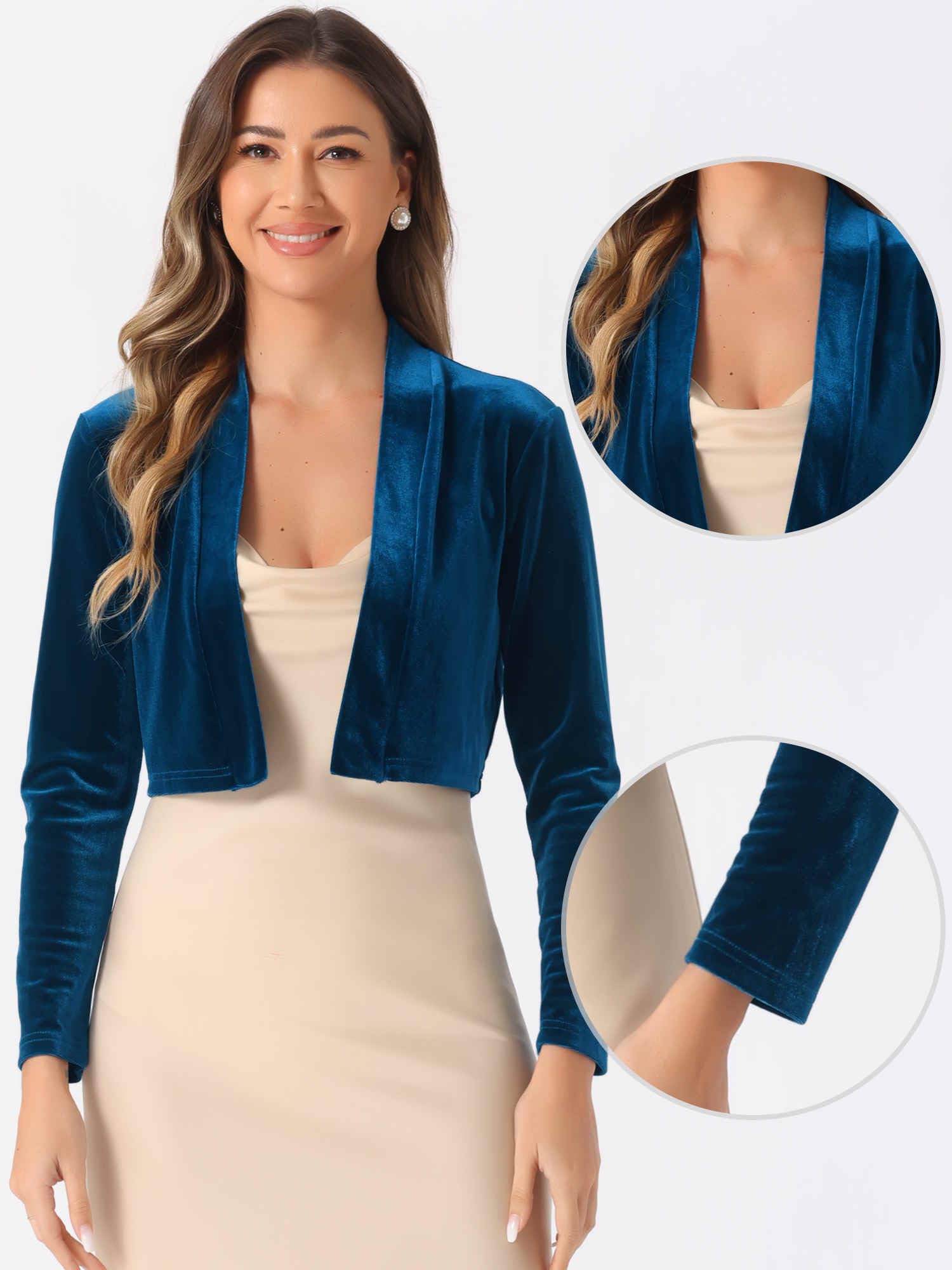 Allegra K Boléro en velours pour femme à manches longues, Bleu paon, S | Ouvert sur le devant, cocktail, semi-formel, cache-maillot pour robe