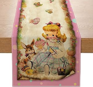Vintage Easter Table Runner Easter Decorations - Pink Vintage Style Rabbit and Girl Happy Easter Spring Home Kitchen Dining Table Decor, Easter Party Decorations 13x72 Inch