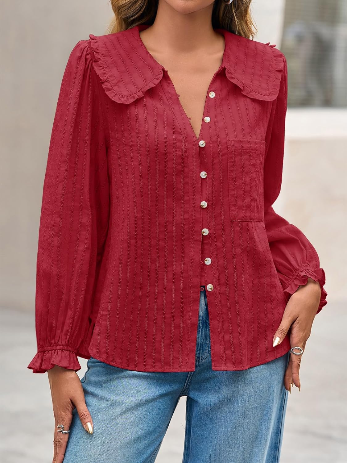 Tankaneo Womens Peter Pan Collar Shirts Puff Long Sleeve Button Down Cotton Blouse Casual Fall Textured Tops - Image 3