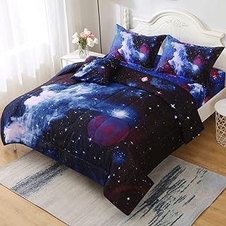 Keyroal 6Pcs Galaxy Comforter Set with Sheets for Kids Boys Girls Teens, Outer Space Themed Bed in a Bag Twin Size, Dark Blue 3D Printed Bedroom Decor Bedding Set