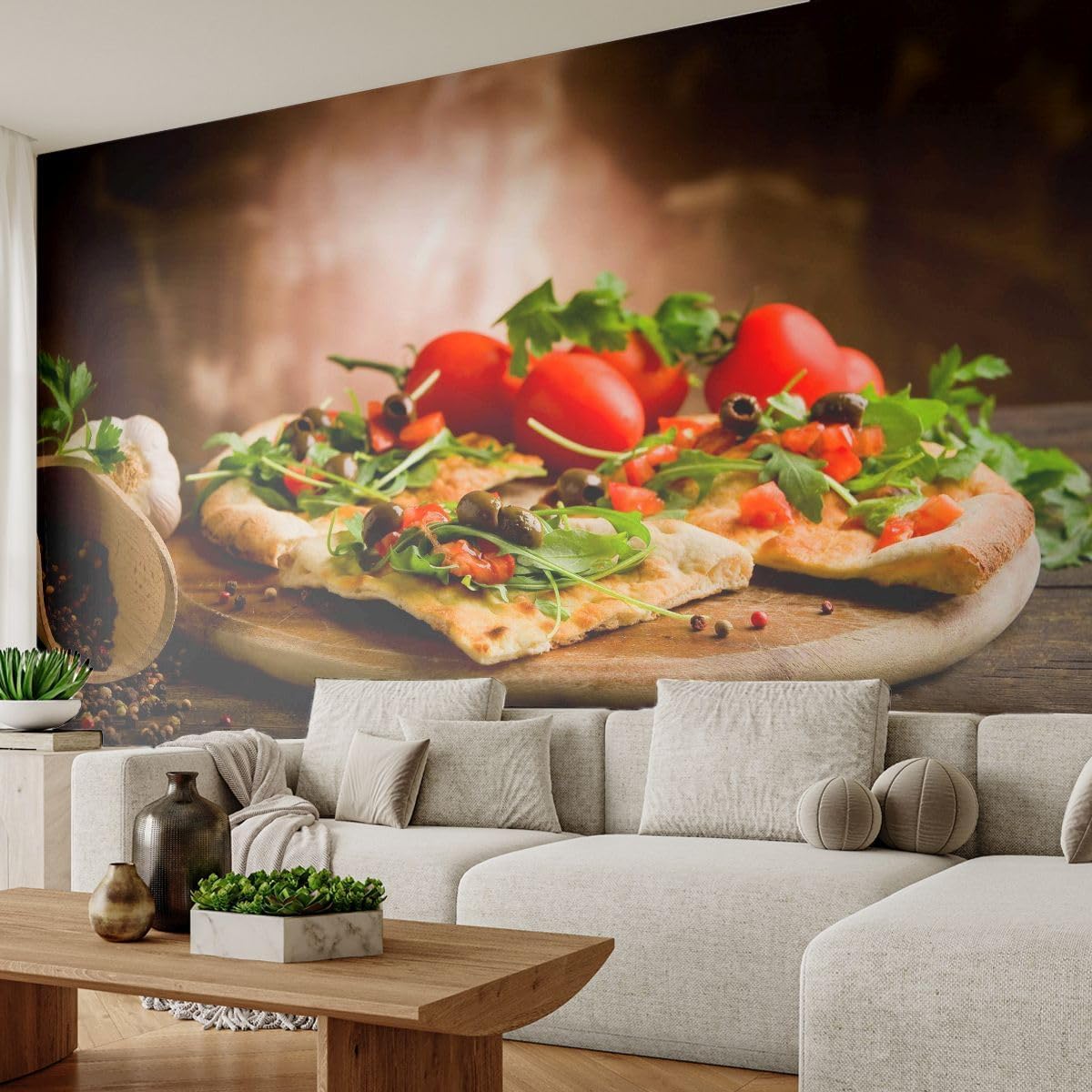 Papier peint panoramique pizza intissé 3D au rendu tapisserie photo haut de gamme