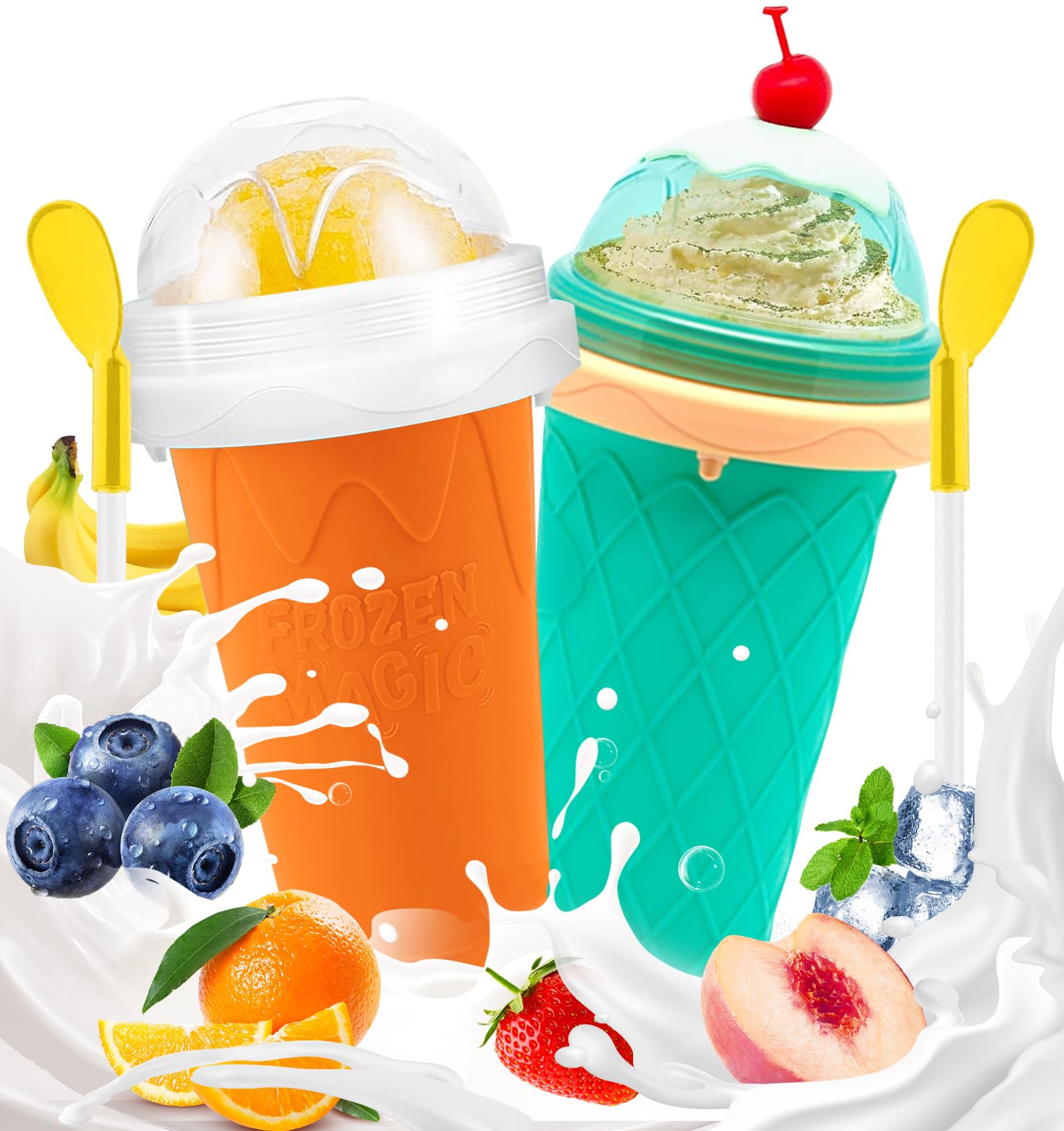 FANS-ONE Slushie Cup, 2 Pack Frozen Magic Slushy Cup, Reusable Slushie Maker Cup for Juice Milk Yogurt, DIY Slushy Maker Cups with Lid &amp; Straw for Kids Friends Family (New Green+Orange)