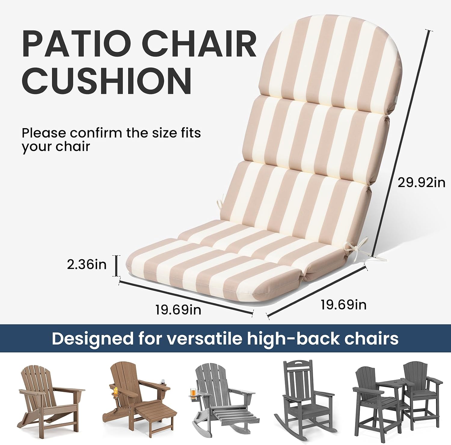 crestlive 50x19.6 inch adirondack chair cushion set of 2, water repellent, fade resistant, high back outdoor rocking chair cushion for patio, tan white stripe tan striped 2