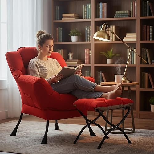 Vista 9 de Welnow - Silla perezosa con otomana, moderna silla de descanso con reposabrazos y bolsillo lateral, juego de sillón tapizado de ocio, sillón de Rojo